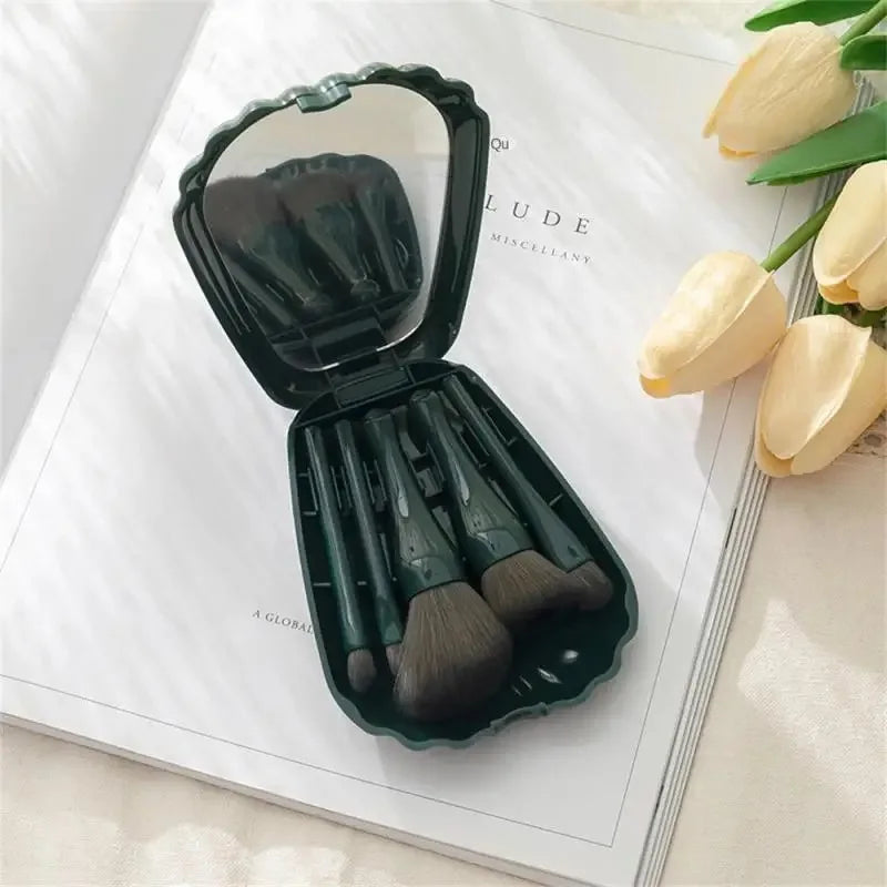 Shell Elegance: 5-Piece Makeup Brush Set with Compact Mirror