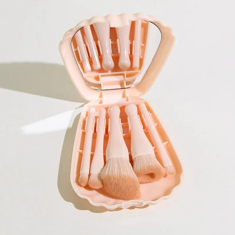 Shell Elegance: 5-Piece Makeup Brush Set with Compact Mirror