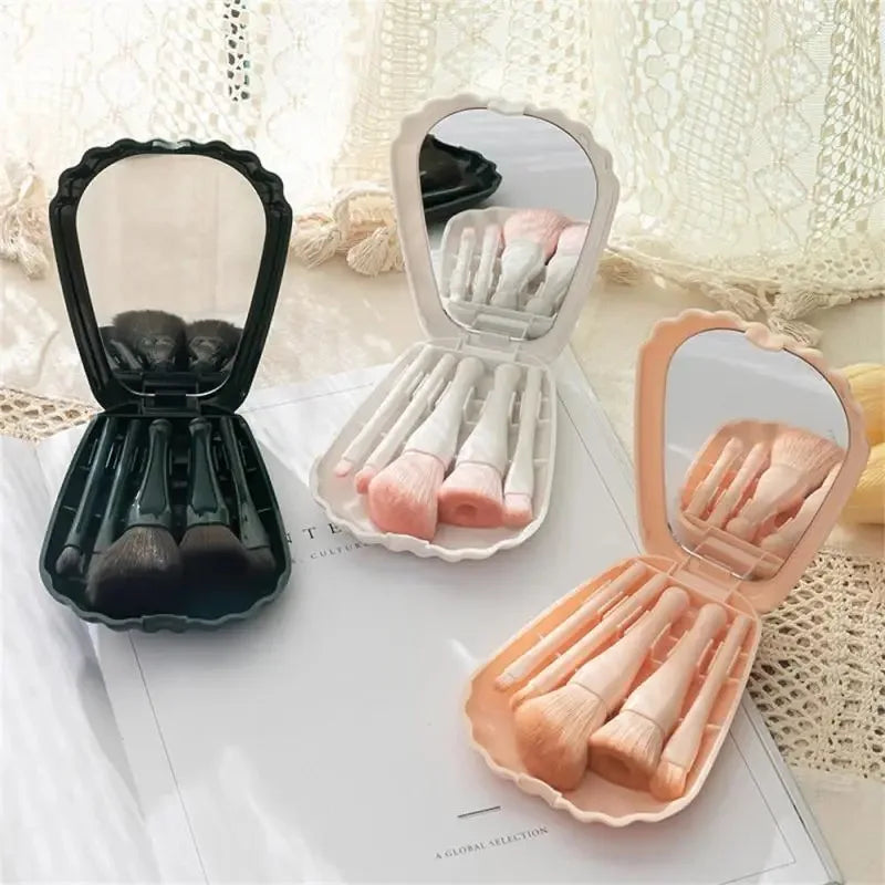 Shell Elegance: 5-Piece Makeup Brush Set with Compact Mirror