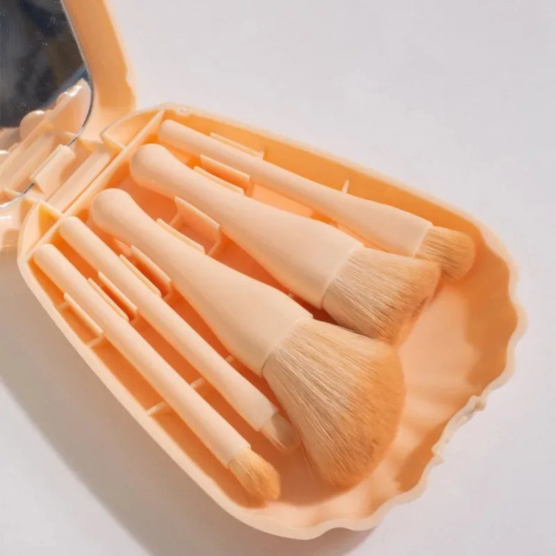 Shell Elegance: 5-Piece Makeup Brush Set with Compact Mirror