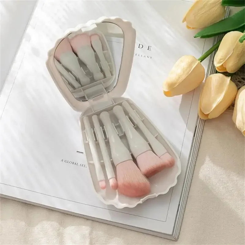 Shell Elegance: 5-Piece Makeup Brush Set with Compact Mirror